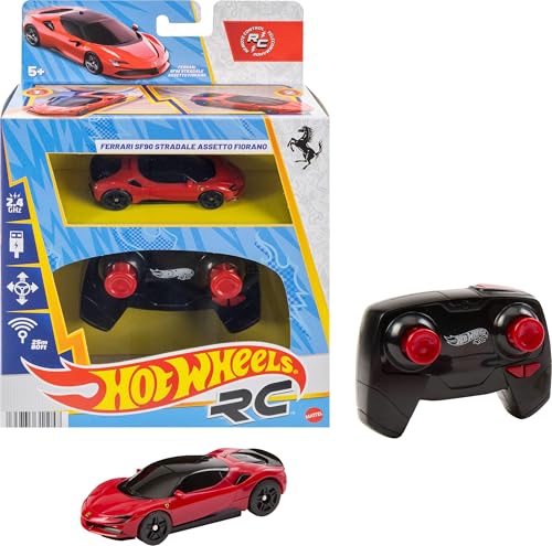 Hot Wheels RC Toy Car, Remote-Control Ferrari SF90 Stradale Assetto Fiorano in 1:64 Scale, Race On- and Off- Track, Booster Button for Speed