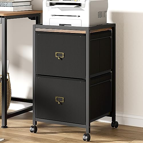 IDEALHOUSE 2 Drawer File Cabinet, Mobile Filing Cabinet for Home Office Fits A4 or Letter Size, Fabric Vertical File Cabinet with Wheels, Home Office Small Under Desk Storage Cabinet, Rustic Black