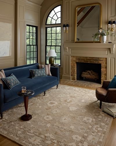Loloi Chris Loves Julia Dorothea Collection DRT-02 Khaki/Dove 7'-9" x 9'-9" Area Rug Wool Neutral Floral Living Room Bedroom Carpet