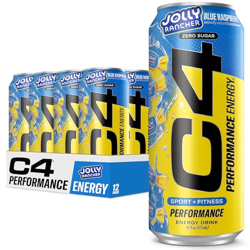 C4 Performance Energy Drink, Jolly Rancher Blue Raspberry, Zero Sugar Carbonated Preworkout Energy, 200mg Caffeine with Beta Alanine, 16 Fl Oz (12 Pack)