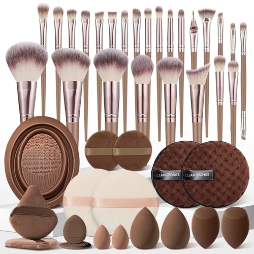 HGHDBT 42Pcs Brown Makeup Brushes Set Professional Premium Synthetic for Blush Foundation Eye Shadow Concealer Powder Eye & Face Make up Brush Kit with Beauty Blender Sponge Set Tools