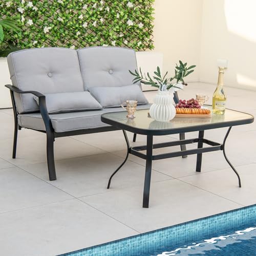 Tangkula 2 Piece Patio Furniture Set, Outdoor Loveseat Chair Set with Seat Back Cushions & Waist Pillows, Tempered Glass Coffee Table, Heavy-Duty Metal Sofa Set for Yard Garden Balcony Poolside