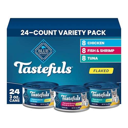 Blue Buffalo Tastefuls Flaked Adult Wet Cat Food Variety Pack (Tuna, Chicken, Fish & Shrimp), Natural Ingredients Enhanced with Vitamins, Minerals & Other Nutrients, 3-oz. Each (24 Cans)