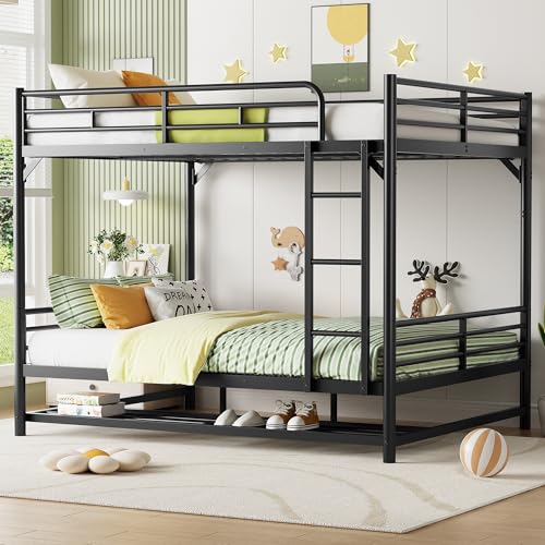 PVWIIK Queen Over Queen Bunk Bed with Shelf & Full Length Guardrail,Convertible Bunk Bedframe w/Ladder for Adults,Teens, Kids,No Box Spring Needed, Black