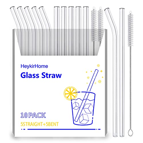 HeykirHome 10-Pack Reusable Glass Straw,Size 8.5''x10 MM,Including 5 Straight and 5 Bent with 2 Cleaning Brush- Perfect For Smoothies, Tea, Juice
