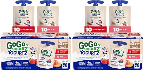 GoGo squeeZ YogurtZ Variety Pack,Strawberry & Peach,3 oz,Kids Snacks Made with Real Yogurt and Fruit,No Fridge Needed,Gluten Free,Nut Free,Recloseable Cap,BPA-Free Pouches,(Pack of 40)