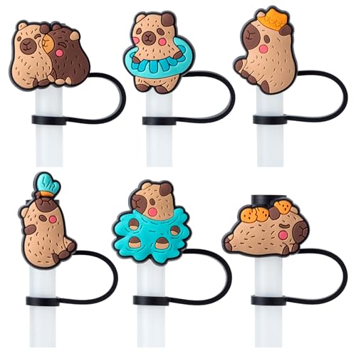 6Pcs Capybara Straw Cover Cap for Stanley Cup, 10mm Reusable Cute Drinking Straw Topper Accessories, Portable Protector Plugs Decorations Gifts for Party Favors