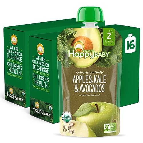 Happy Baby Organics Stage 2 Baby Food Pouches, Gluten Free, Vegan & Healthy Snack, Clearly Crafted Fruit & Veggie Puree, Apples, Kale & Avocados, 4 Ounces (Pack of 16)