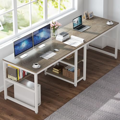 Tribesigns Two Person Desk with Bookshelf, 78.7 Computer Office Double Desk for Two Person, Rustic Writing Desk Workstation with Shelf for Home Office (Gray/White)