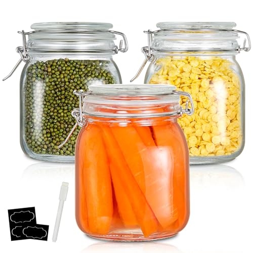 YEBODA 32oz Food Storage Canister Glass Jars with Clamp Airtight Lids and Silicone Gaskets for Multi-Purpose Kitchen Containers - Clear Square (3 Pack)
