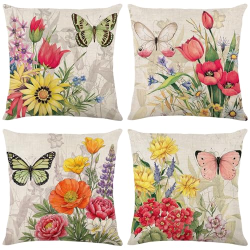 wyooxoo Throw Pillow Covers 18x18 Set of 4 Decorative Spring Pillow Covers Linen Flower Butterfly Farmhouse Pillowcases for Sofa Couch Living Room Outdoor