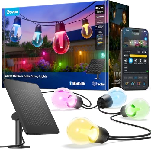 Govee Outdoor Solar String Lights 33ft, RGBICW Outdoor Lights with 8 Dimmable LED Shatterproof Bulbs, 112 Modes & APP Control, IP67 Waterproof Patio Lights for Garden, Backyard, Camping (Bluetooth)