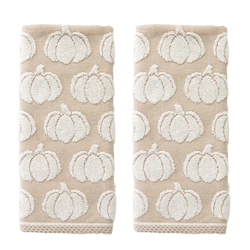 SKL Home Autumn/Fall/Thanksgiving Pumpkin Jacquard 100% Cotton Reversible 2pc Hand Towel Set, Soft & Absorbent, Decorative for Bath/Kitchen/Bar & Gift, Tan