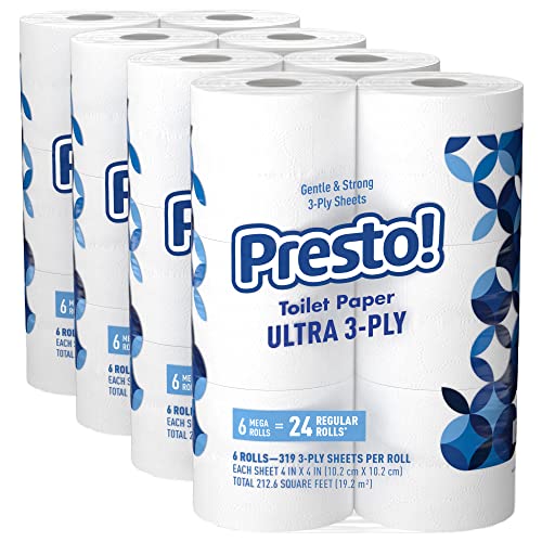 Amazon Brand - Presto! FSC Certified 319 Sheet Roll Toilet Paper, Ultra 3-Ply, Unscented, 6 Rolls (Pack of 4), 24 Mega Rolls = 96 Regular Rolls, 7656 Count