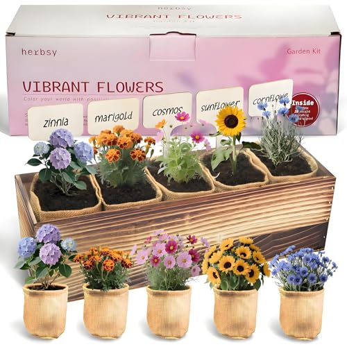 Herbsy 5 Indoor Flower Growing Kit, Complete Planting Starter Set with Sunflower, Zinnia, Marigold, Cosmos, Cornflower Seeds, Unique Birthday and Christmas Gifts for Women, Men, Plant Lovers