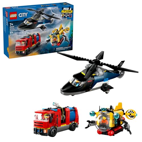 LEGO City Helicopter, Fire Truck & Submarine Remix Kids Toy - 3 Building Toys in 1 for Boys and Girls, Ages 7+ - Gift Idea for Birthdays - with 3 Minifigures - 60462