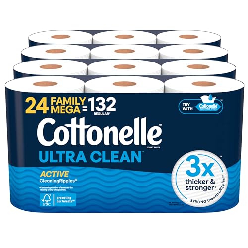 Cottonelle Ultra Clean Toilet Paper with Active CleaningRipples Texture, 1-Ply Strong Bath Tissue, 24 Family Mega Rolls = 132 Regular (4 Packs of 6), White