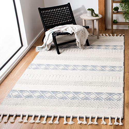 SAFAVIEH Kenya Collection Area Rug - 5' x 8', Ivory & Blue, Handmade Moroccan Boho Tribal Tassel Wool, Ideal for High Traffic Areas in Living Room, Bedroom (KNY956A)