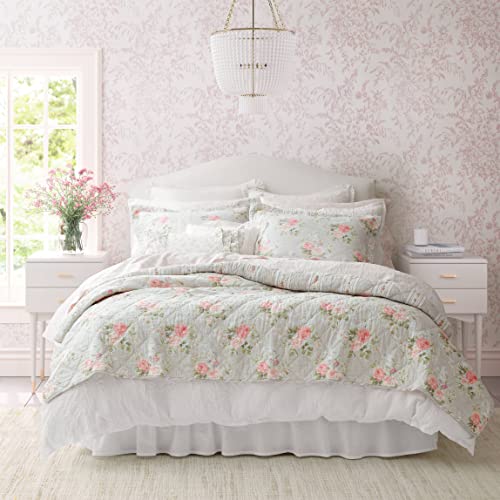 Laura Ashley- King Quilt Set, Reversible Cotton Bedding with Matching Sham(s), Lightweight Home Decor for All Seasons, Coquette Room Decor (Melany Pink, King)