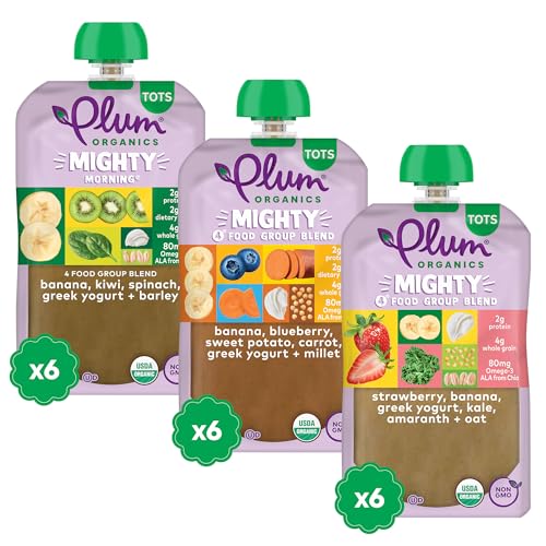 Plum Organics Variety Pack, 12+ Months – Toddler Healthy Snack – 4 Food Group Blend of Organic Fruit & Veggie Pouches – 4 oz Pouch, Pack of 18 (Amazon Exclusive)