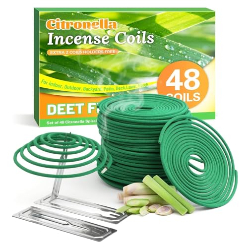 FIRIK Citronella Coils, 48 Pack Citronella Incense Coil with 2 Holders, Natural Lemongrass Fagrance, for Indoor and Summer Outdoor Patio Camping Trip Garden Gathering