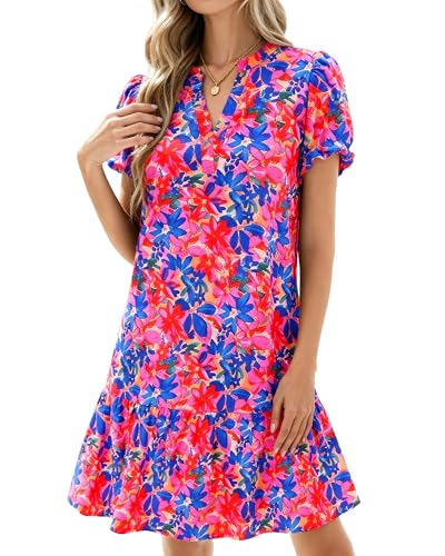 dowerme Womens Summer Dresses 2026 Puffy Sleeve V Neck Loose Floral Print A Line Boho Mini Babydoll Dress with Pockets(Blue Pink,Medium)