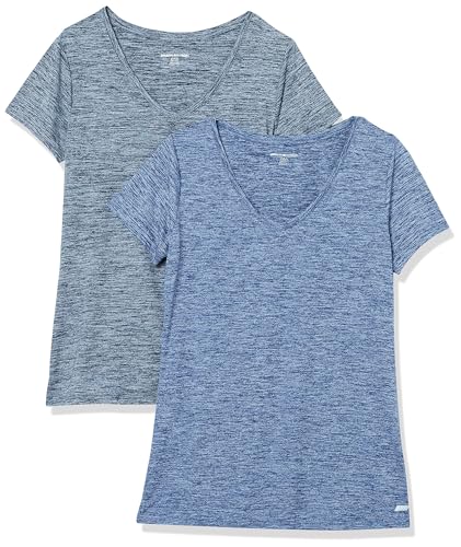 Amazon Essentials Women's Active Quick Dry Tech Stretch Relaxed Fit Short-Sleeve V-Neck T-Shirt (Available in Plus Size), Pack of 2, Black Heather/Navy Heather, XX-Large