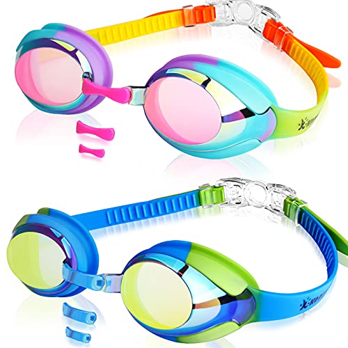 Keary 2 Pack Kids Swim Goggles Swimming Goggles for Toddler Children Girls Boys Youth, Anti-Fog Waterproof UV Protection No Glare Clear Vision Mirrored Flat Lens Water Pool Goggles with 3 Nose Pieces