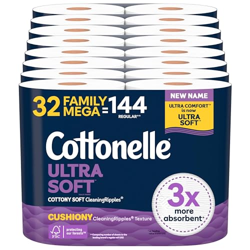 Cottonelle Ultra Soft Toilet Paper with Cushiony CleaningRipples Texture, 32 Family Mega Rolls = 144 Regular Rolls (8 Packs of 4)