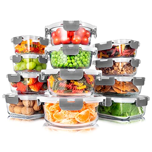 SereneLife 24 Piece Glass Storage Containers with Lids, 12 Pack Glass Meal Prep Container Set for Lunch, Kitchen Storage, Food Storage, Leak Proof, Freezer Safe and Dishwasher Safe, Gray