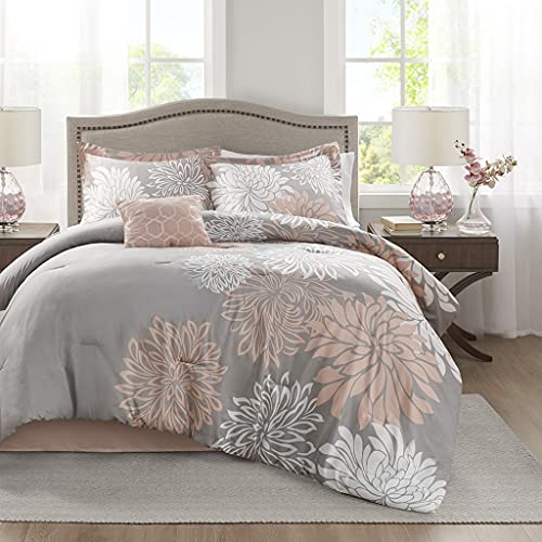 Comfort Spaces Enya Comforter Set-Modern Floral Design, All Season Down Alternative Bedding, Matching Shams, Bedskirt, Decorative Pillows, King (104 in x 90 in), Blush/Grey 5 Piece