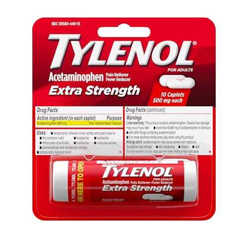 Tylenol Extra Strength 500 mg Acetaminophen Caplets, Pain Reliever & Fever Reducer, Acetaminophen for Minor Arthritis Pain, Headache, Backache & Toothache, Travel Size, 10 ct