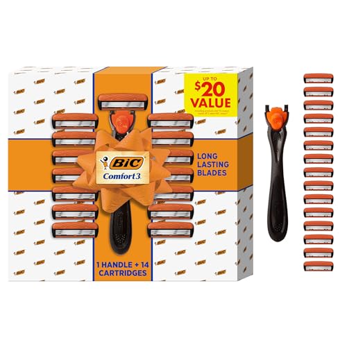 BIC Comfort 3 Refillable Men's 3-Blade Razors Holiday Gift Set, 1 Handle and 14 Cartridges, Stocking Stuffer for Men