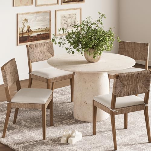 Beacon Boho Dining Chair Set of 4, Boucle Dining Chair with Seagrass Accent and Solid Wood Legs, Cream Boucle/Light Brown