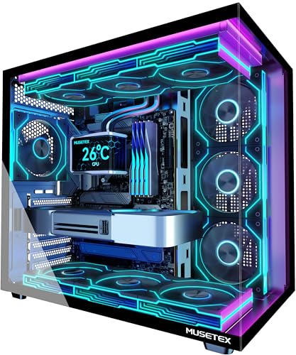 MUSETEX Y6 PC Case, Pre-Installed 7 Infinity Mirror PWM ARGB Fans, ATX Mid Tower Computer Case, Gaming PC Case with Type-C, 270° Full View Tempered Glass, Black