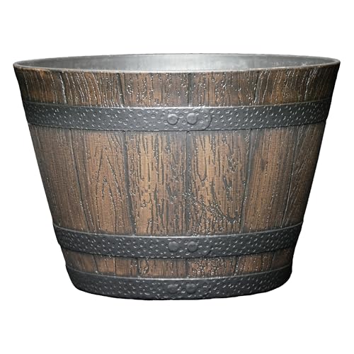 Classic Home & Garden Whiskey Barrel Planters - Wood Finish Flower Planter Pot - Decorative Garden Pots - Indoor & Outdoor Resin Planters - Weather-Resistant Planting Pots (9" Walnut Brown, Pack of 1)