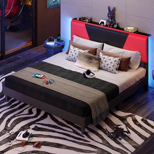 Bestier King Bed Frame with Headboard and LED Light, Faux Leather Upholstered Platform Bed with Storage Shelf, Gaming Style Bed Base, Wood Slat Support, Never Squeaks, No Box Spring(Black-Red)
