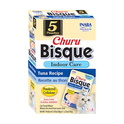 INABA Churu Bisque Indoor Care for Hairball Control for Cats, Creamy Lickable Purée Side Dish with Vitamin E, 1.05 Ounce Pouch, 15 Pouch, Tuna Recipe