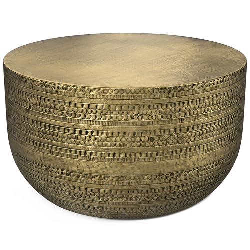 SIMPLIHOME Johnsen Metal Coffee Table - 30 inch Wide Solid Metal Round Drum Accent Table in Antique Gold, Boho Coffee Table for Living Room or Bedroom with Decorative Textured Design, Assembled