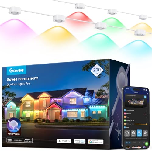 Govee Permanent Outdoor Lights Pro, 200ft with 120 RGBIC LED Lights for Daily and Accent Lighting, 75 Scene Modes for Patio Decor, IP67 Waterproof, Works with Alexa, Google Assistant, Matter, White