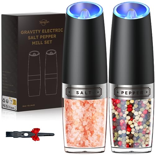 Sangcon Gravity Electric Salt and Pepper Grinder Set Automatic Shakers Mill Grinder with LED Light, BATTERY POWERED Adjustable Coarseness One Hand Operation, Upgraded Larger Capacity