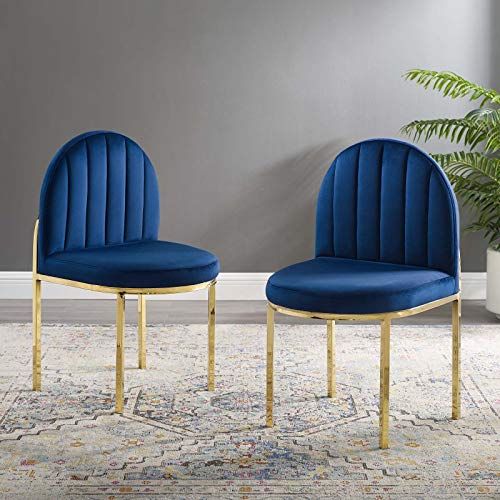 Modway Isla Dining Side Chair Performance Velvet Set of 2 in Gold Navy