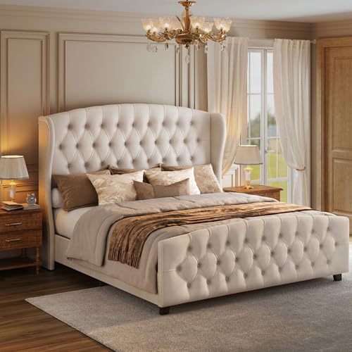 VASAGLE King Bed Frame with Tall Headboard, Upholstered Platform Bed Frame King Size, with Wingback Tufted Headboard and Footboard, Wooden Slats, No Box Spring Needed, Cappuccino Beige URMB884W01