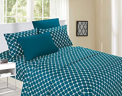 Elegant Comfort Luxury Softest and Coziest 6-Piece Bed Sheet Set, Wrinkle Resistant Milano Trellis Pattern-1500 Thread Count Egyptian Quality Microfiber Bedding Set, King, Teal