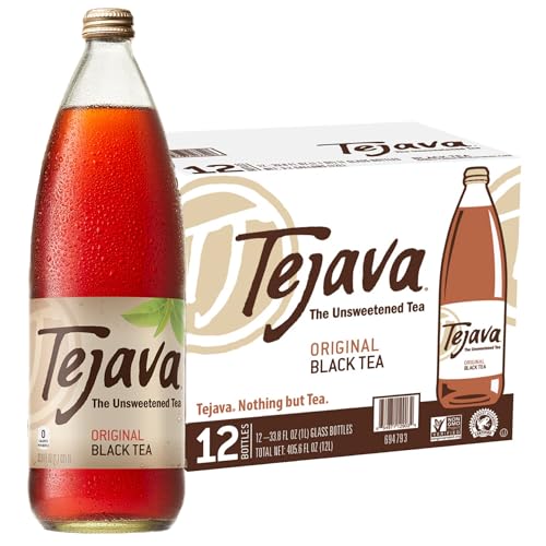 Tejava Original Unsweetened Black Iced Tea, 12 Pack, 1 Liter Glass Bottles, Non-GMO, Kosher, No Sugar or Sweeteners, No calories, No Preservatives, Brewed in Small Batches