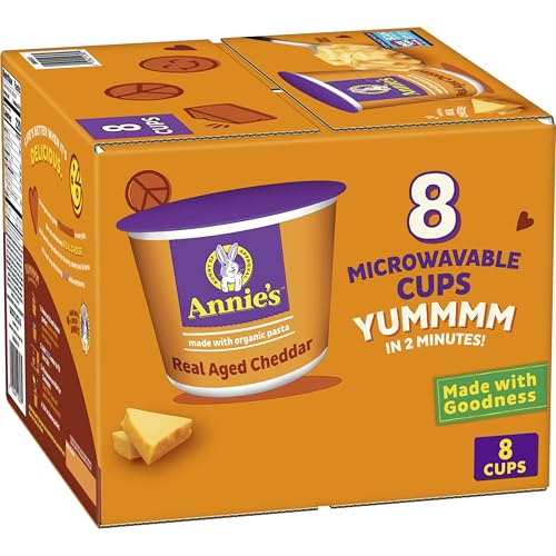 Annie's Real Aged Cheddar with Organic Pasta, Macaroni and Cheese Microwavable Cups, Made with Real Cheese, 8 Ct, 16.08 oz