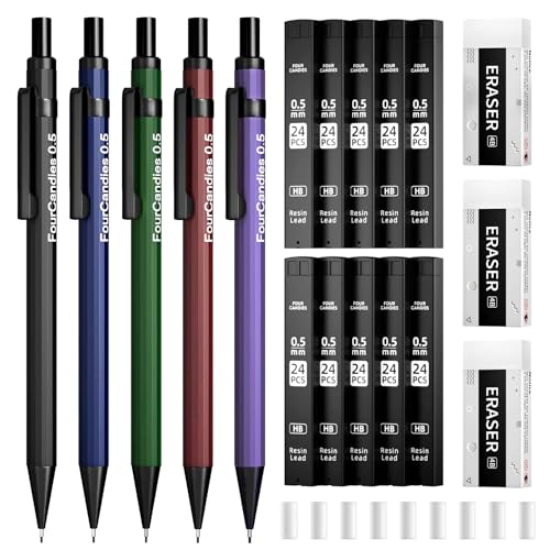 Four Candies Metal Mechanical Pencils 0.5, with #2 Pencil Leads 0.5mm, Eraser Set and Eraser Refills, 19-Count Pack with Case, Back to School Supplies for Writing, Drafting, Drawing