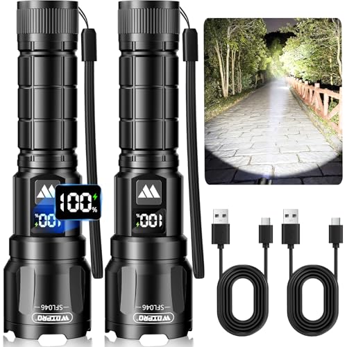 Wdtpro LED Rechargeable Flashlight 2Pack, 3Modes Super Bright High Lumens Flashlights, Zoomable Tactical Flashlight with LCD Display, IP65 Waterproof Flashlights for Home Emergency Camping & Gifts Men