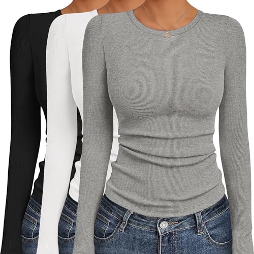 Ekouaer Women's Long Sleeve Shirts 3 Packs Crew Neck Stretchy Fitted Tops Ribbed Base Layer Soft Thermal Undershirts Tee Black/White/Light Gray (3pcs) M