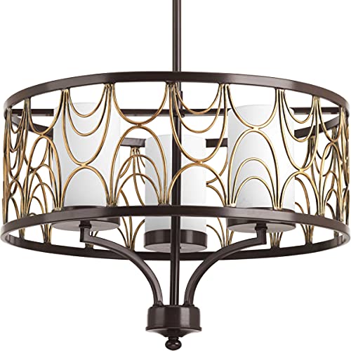 Progress Lighting Cirrine Collection 3-Light Etched White Glass Global Chandelier Light Antique Bronze